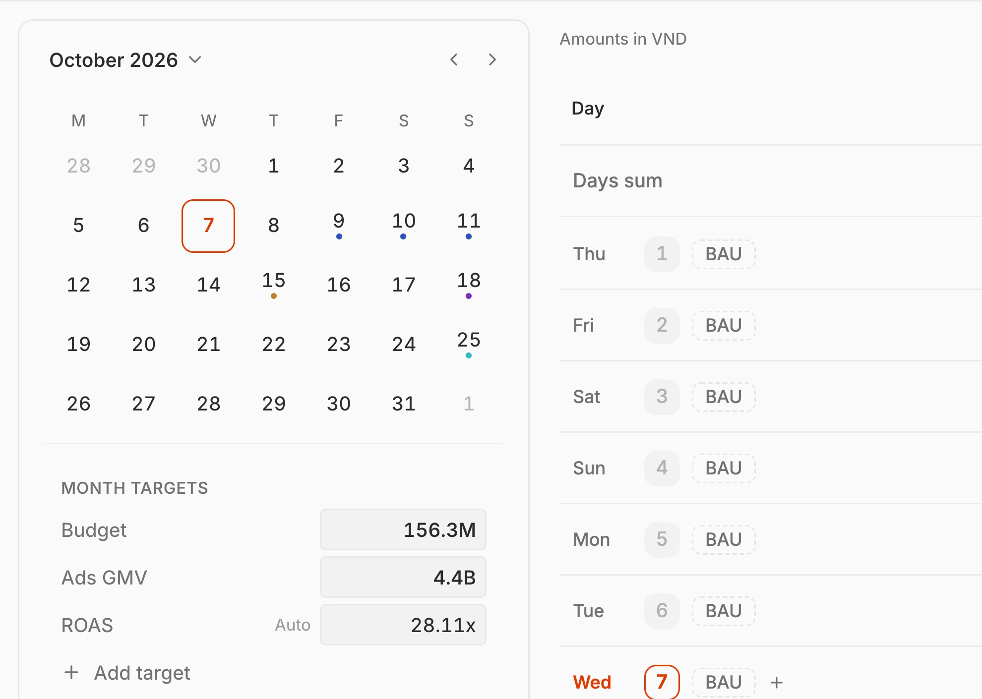 The Targets page: the October calendar with double days and paydays marked, month targets for budget, ads GMV and ROAS, and the day types