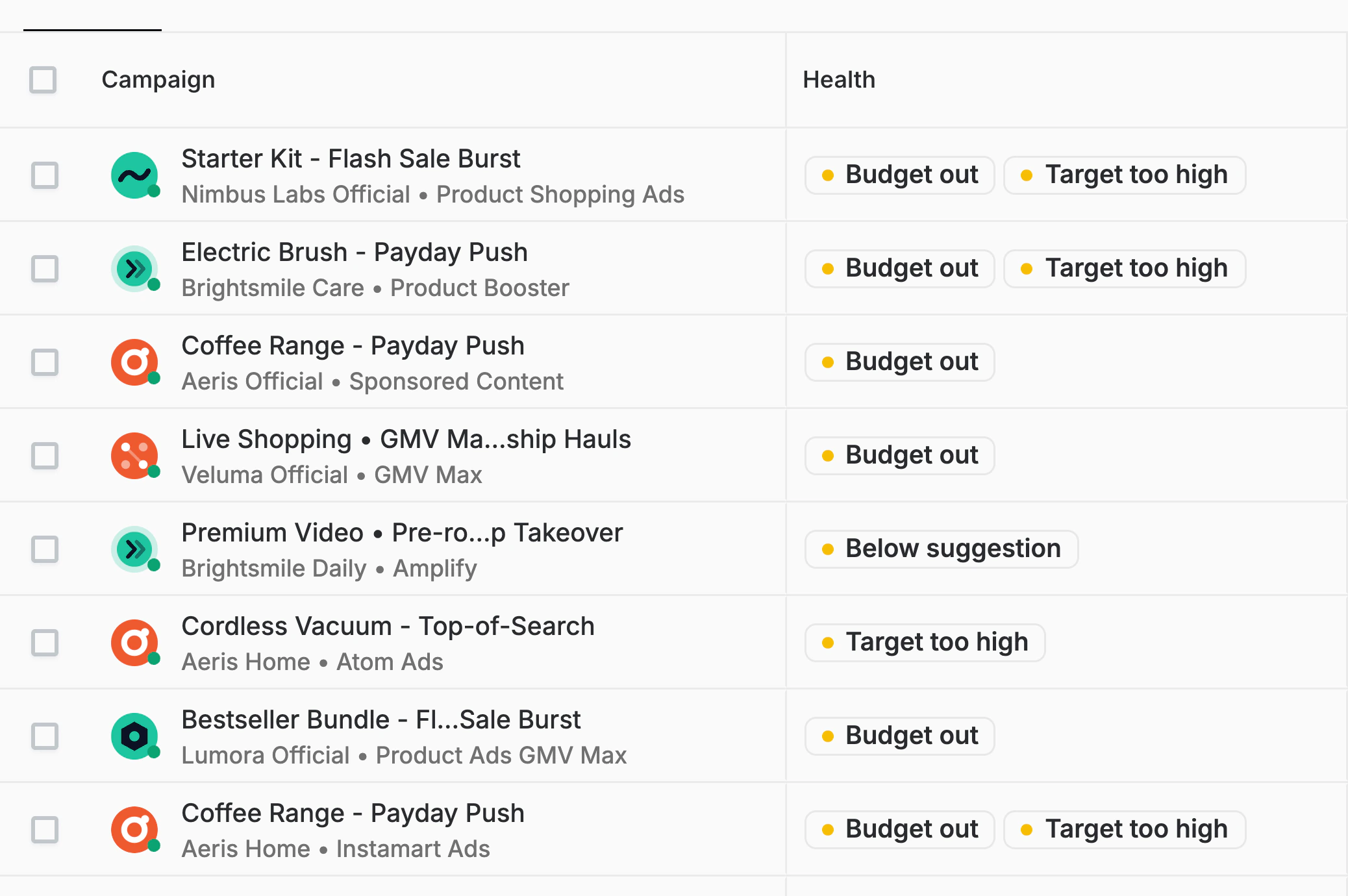 The Campaigns table: every campaign with its health flags such as Budget out, Target too high and Below suggestion