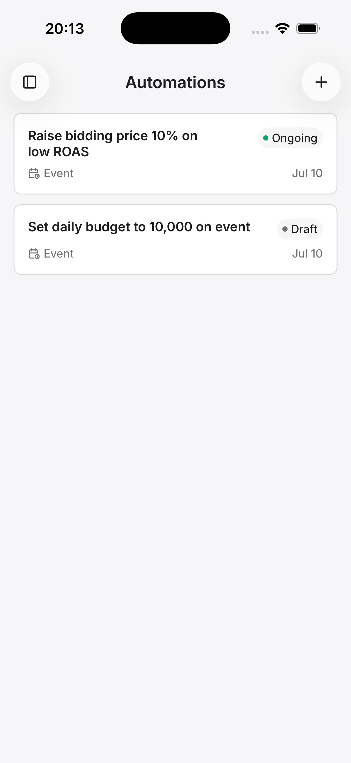The Epsilo iOS app showing automations: a bidding rule running and a budget rule in draft