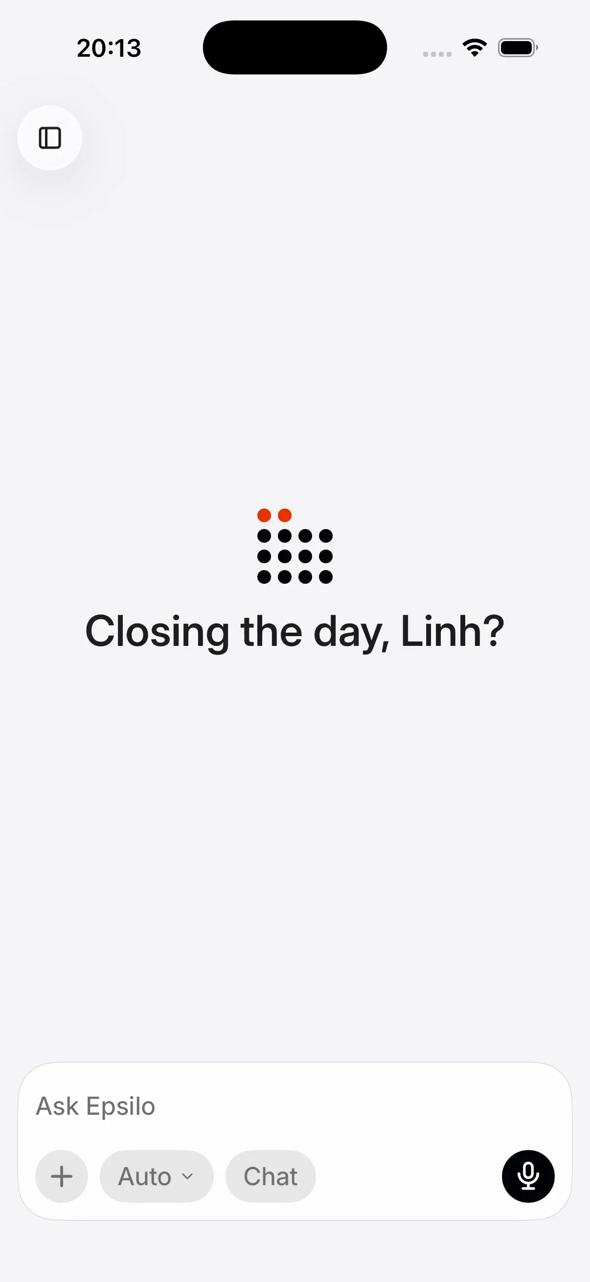 The Epsilo iOS console on a phone, greeting the operator with an empty composer ready