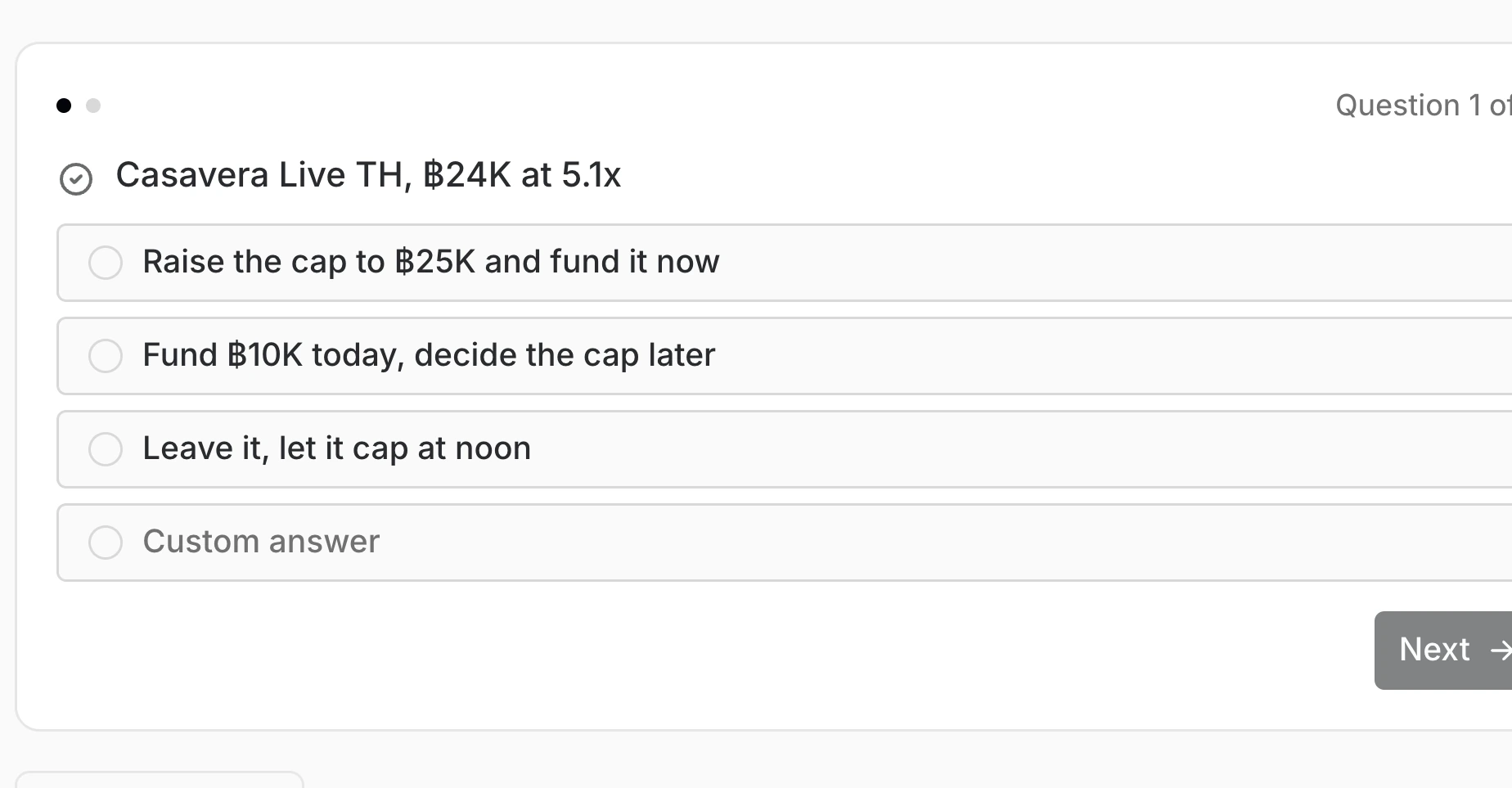 An agent's question about Casavera Live TH at 5.1x, with options to raise the cap and fund now, fund part, or leave it