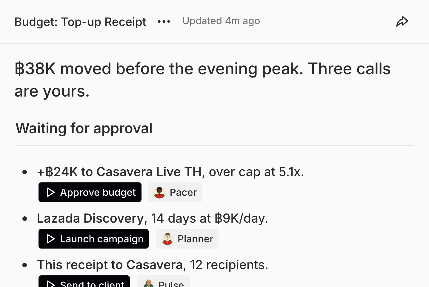 A top-up receipt: moved before the evening peak, three calls waiting for approval, each with its action and a named agent