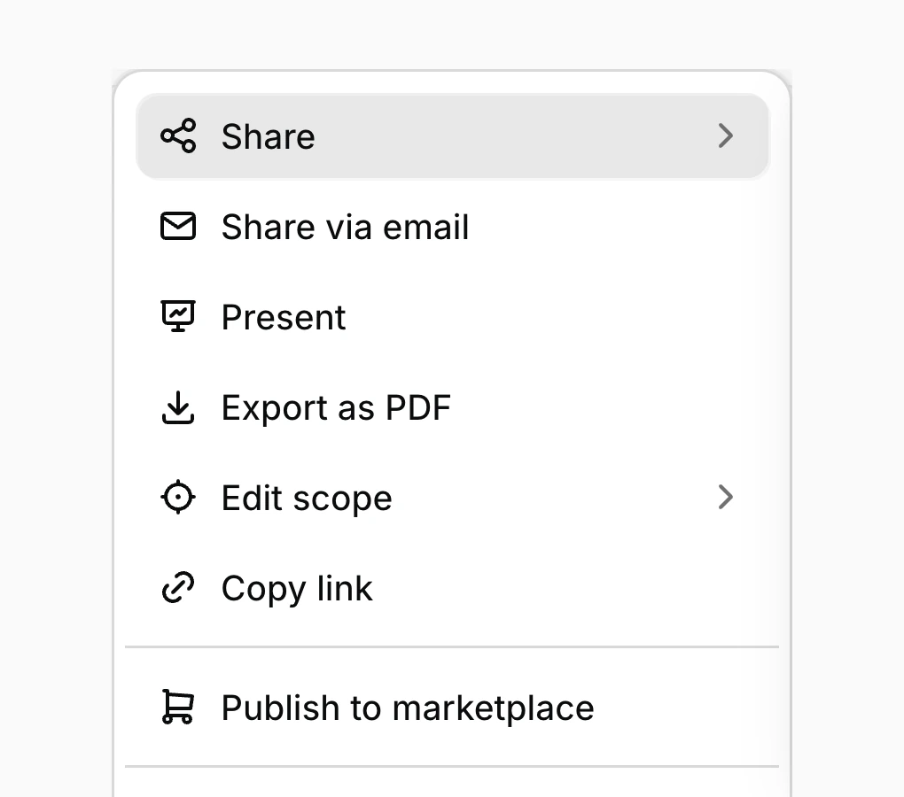 The artifact menu: Share, Share via email, Present, Export as PDF, Edit scope, Copy link and Publish to marketplace