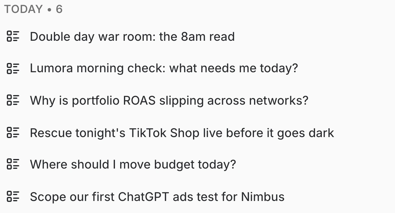 The shared task list: today's and earlier asks the team works from