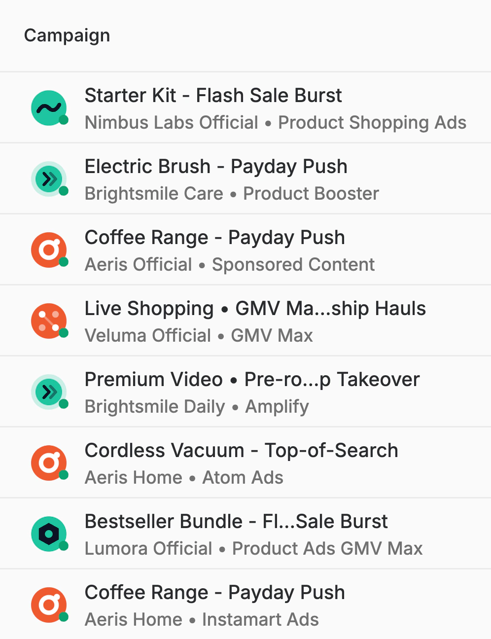 The campaign list: Starter Kit, Electric Brush, Coffee Range, Live Shopping and more across Nimbus Labs, Brightsmile, Aeris and Veluma, each with its network and health flags such as budget out and target too high